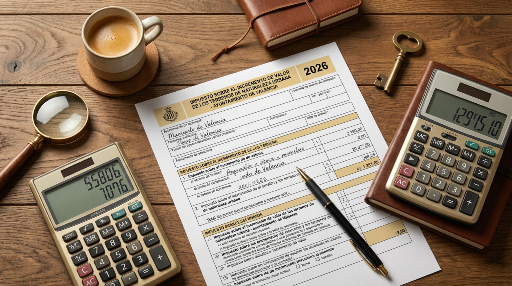 Calculadora y formulario de plusvalía municipal sobre una mesa para calcular impuesto al vender vivienda en Valencia