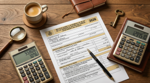 Calculadora y formulario de plusvalía municipal sobre una mesa para calcular impuesto al vender vivienda en Valencia