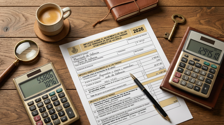 Calculadora y formulario de plusvalía municipal sobre una mesa para calcular impuesto al vender vivienda en Valencia