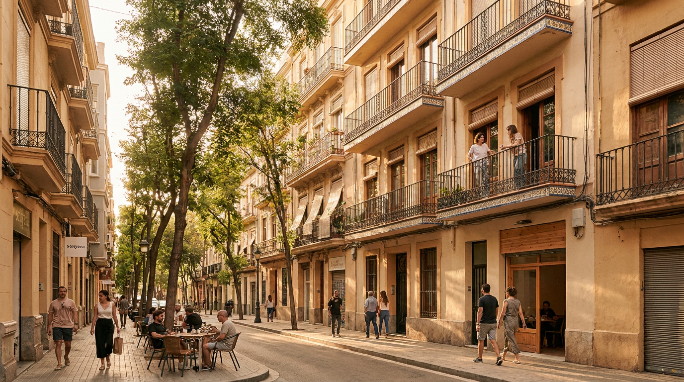 Calle típica de un barrio residencial de Valencia con edificios y naranjos al atardecer