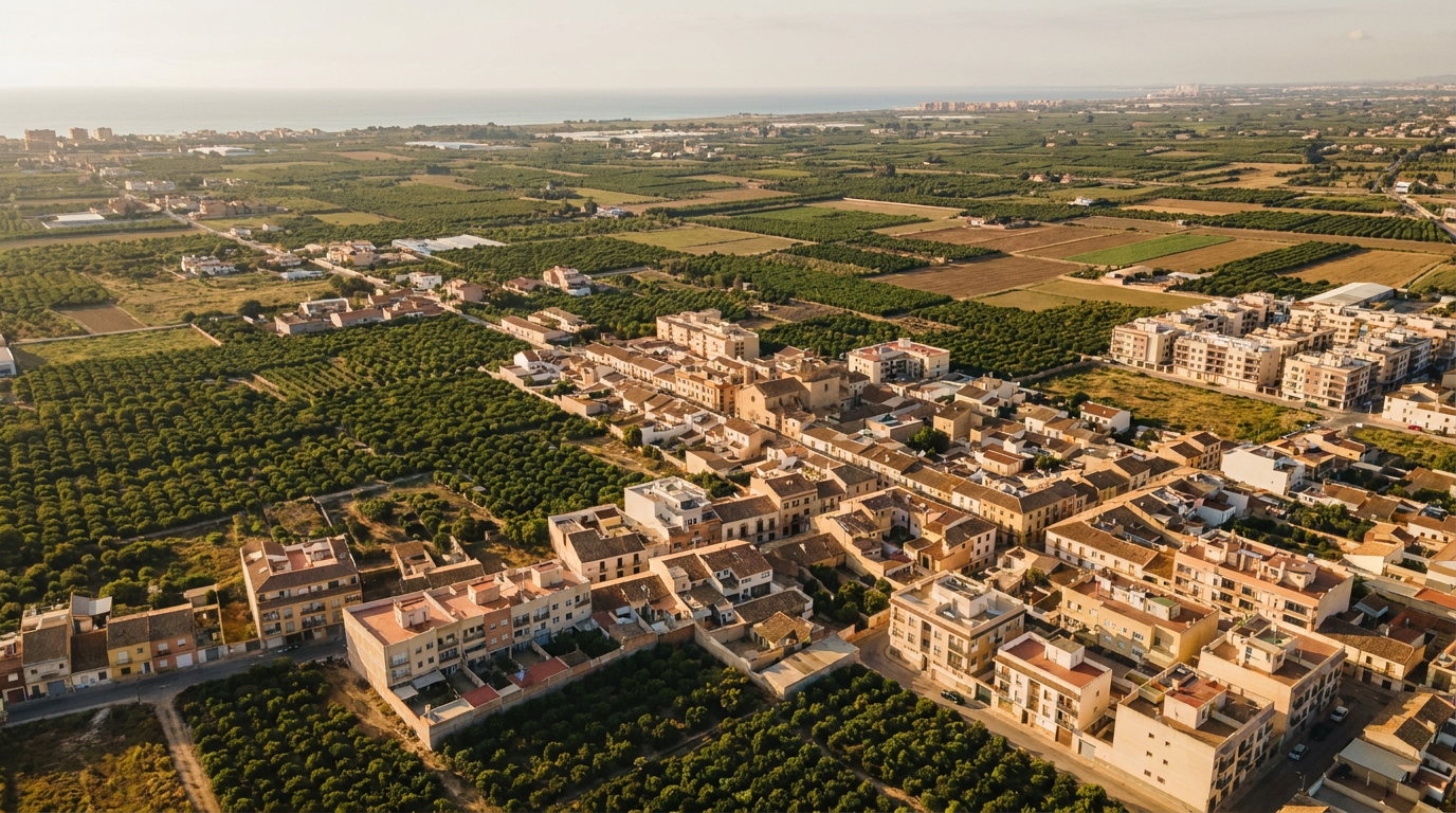 Vista aérea de pueblo del área metropolitana de Valencia con huerta y skyline al fondo