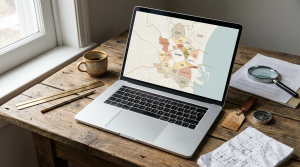 Mapa de Valencia y plano arquitectónico sobre mesa para tasación de vivienda por barrios