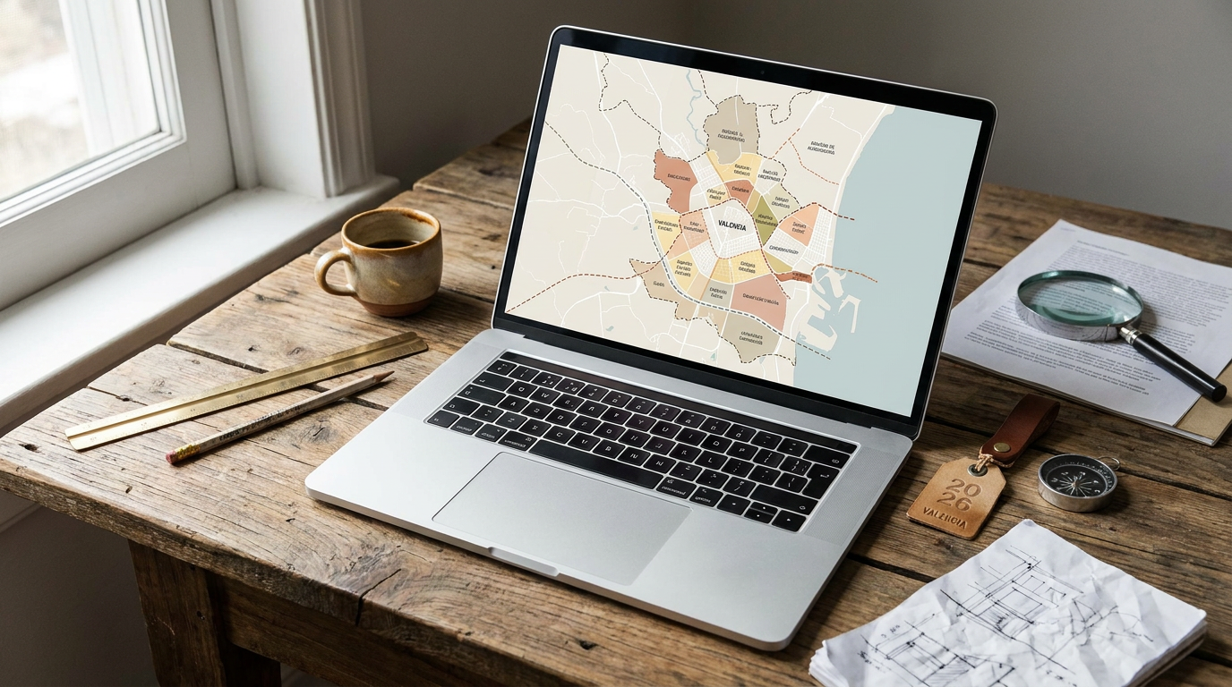 Mapa de Valencia y plano arquitectónico sobre mesa para tasación de vivienda por barrios