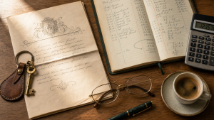 Documento notarial, llaves y calculadora sobre escritorio para heredar vivienda en Valencia