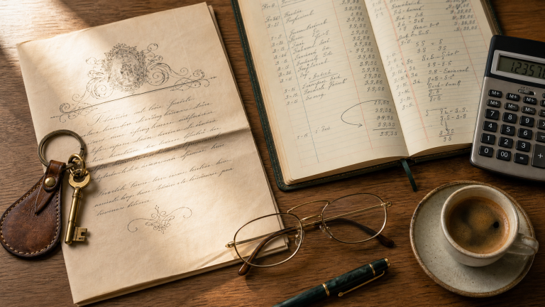Documento notarial, llaves y calculadora sobre escritorio para heredar vivienda en Valencia