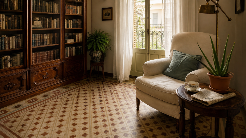 Salón clásico valenciano con suelo de mosaico hidráulico, librería antigua y ventana con luz natural