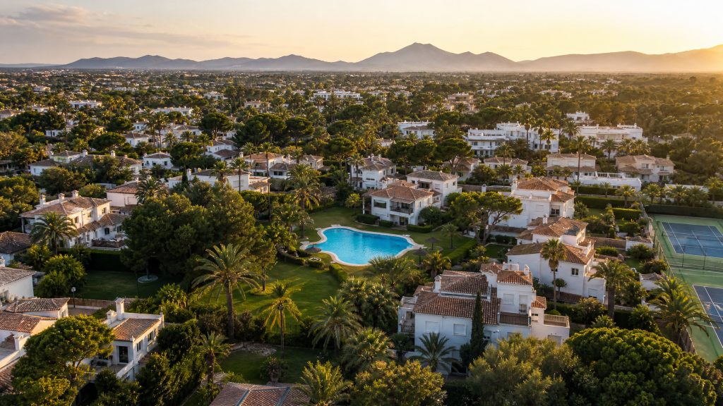 Vista aérea de urbanización valenciana con chalets, piscina comunitaria y pinada al atardecer