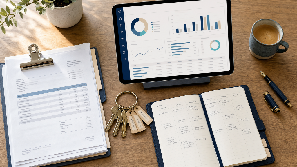 Tablet, llaves y facturas sobre escritorio para administración de fincas y propiedades en Valencia