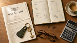 Documento notarial, llaves y calculadora sobre escritorio para vender piso heredado en Valencia