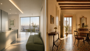 Comparativa entre interior de piso obra nueva moderno y piso valenciano clásico con mosaico
