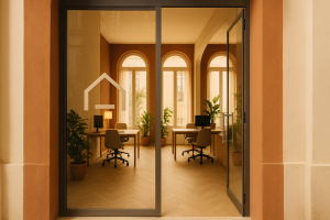 Agencia inmobiliaria en Valencia: entrada elegante de oficina con cristal y luz cálida