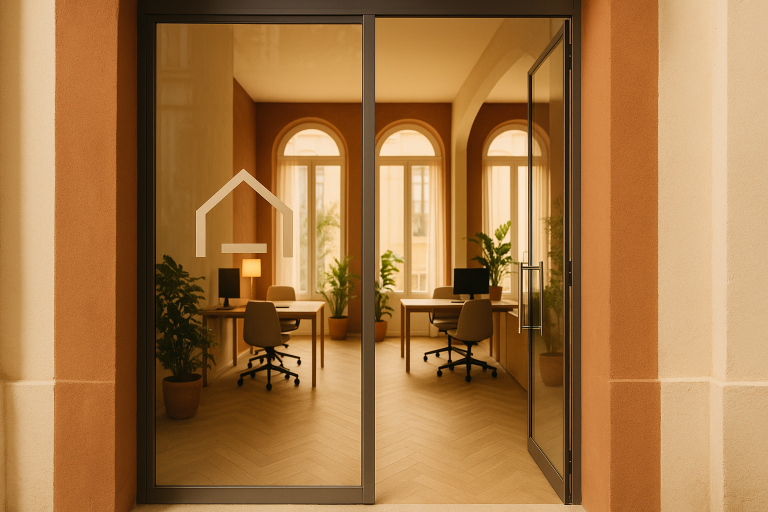 Agencia inmobiliaria en Valencia: entrada elegante de oficina con cristal y luz cálida