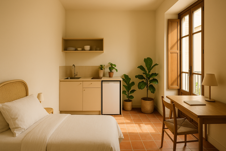 Alquiler estudios Valencia: interior de estudio moderno con luz natural y estilo mediterráneo