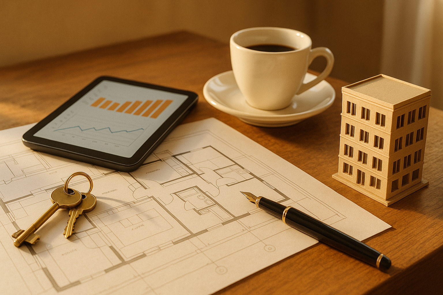 Asesoría inmobiliaria Valencia: escritorio con plano arquitectónico, tablet y llaves