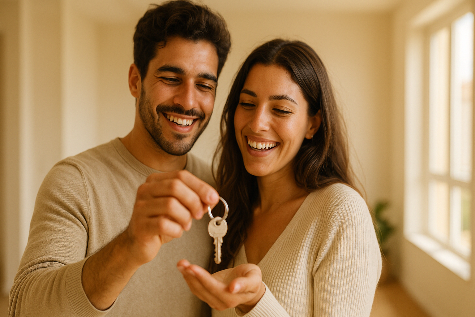 Ayudas comprar vivienda joven Comunidad Valenciana: pareja joven con llaves de su nueva casa