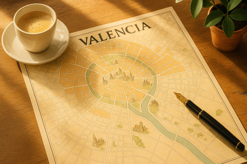 Barrios para vivir en Valencia: mapa ilustrado de la ciudad sobre escritorio de madera
