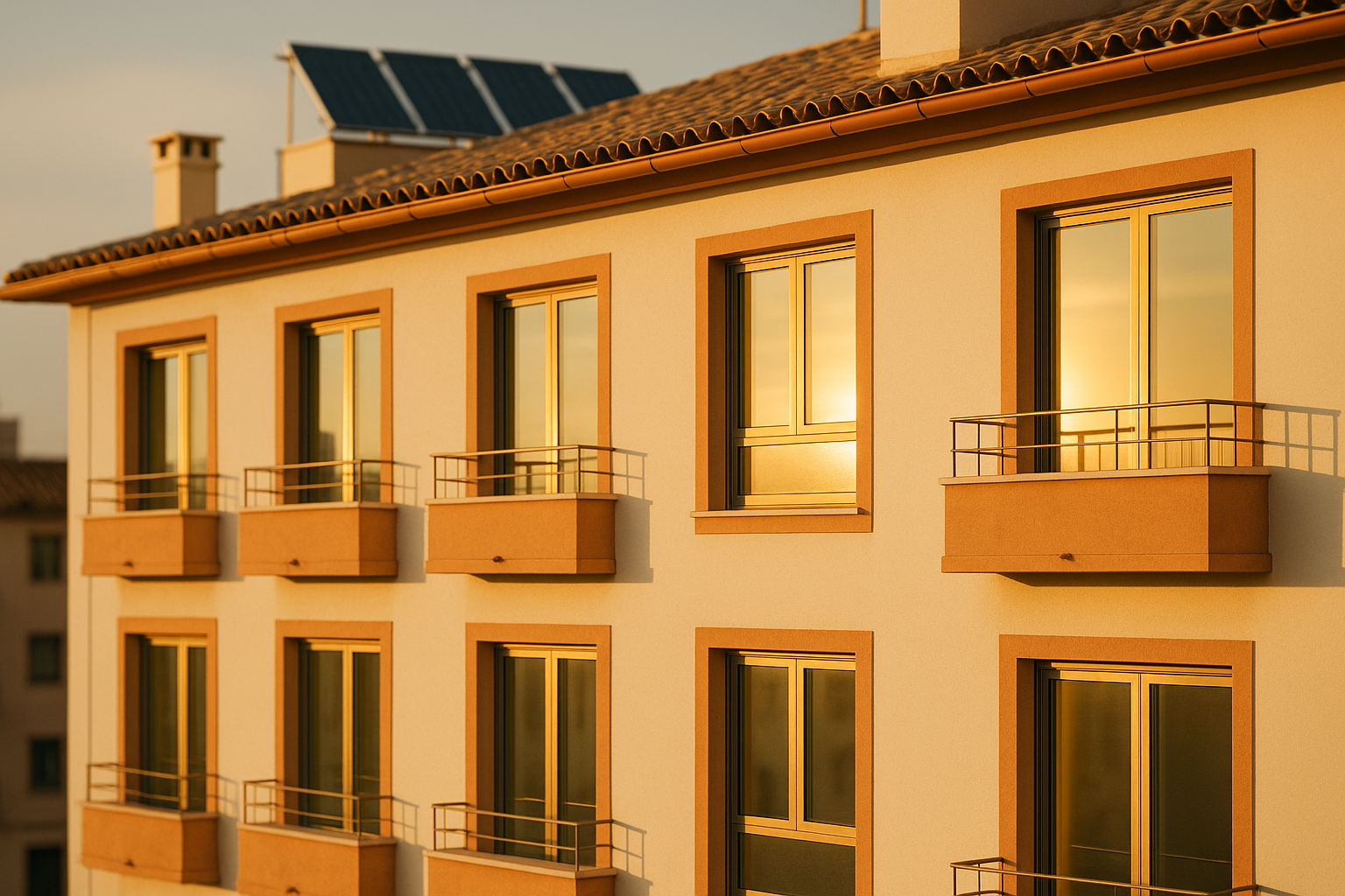 Certificado energético Valencia: fachada moderna con ventanas eficientes y luz dorada