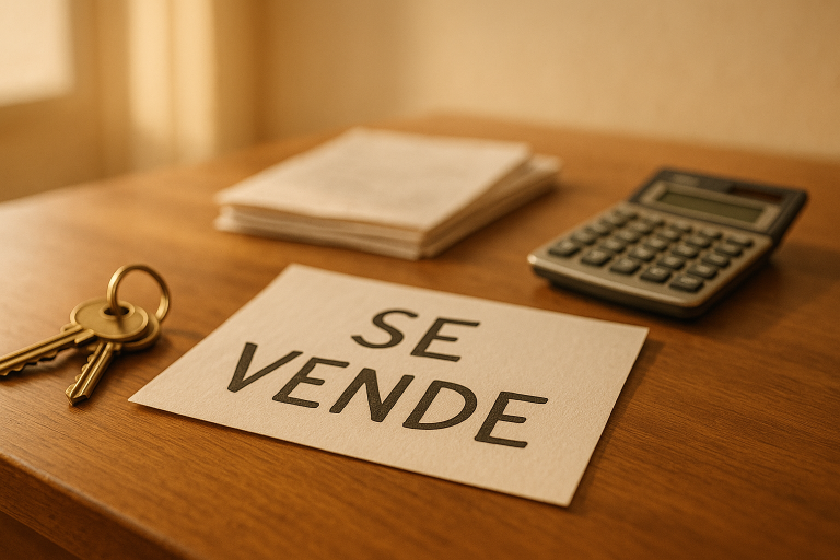 Vender piso sin inmobiliaria en Valencia: escritorio con llaves, documentos y cartel de venta
