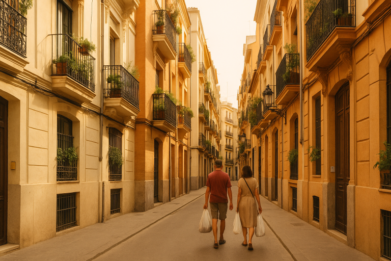 Comprar piso Ruzafa Valencia: calle típica del barrio modernista con balcones de hierro
