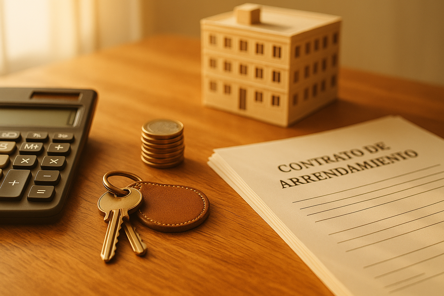 Gastos comprar piso Valencia: calculadora, llaves, monedas Euro y contratos sobre escritorio