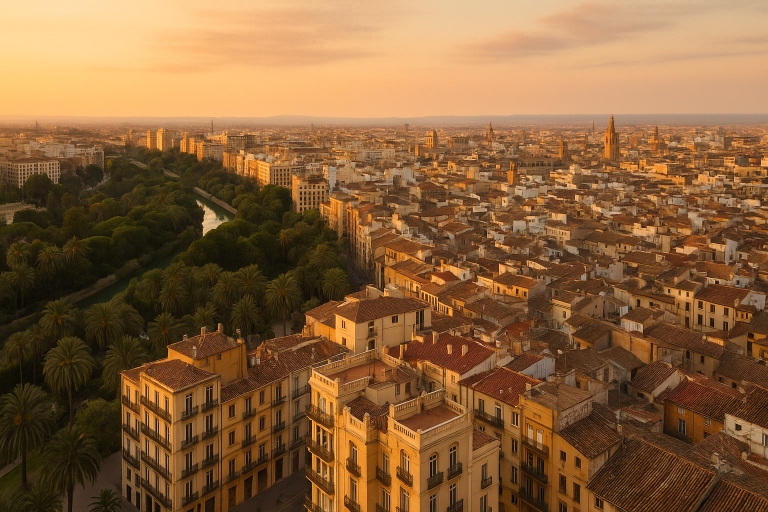Donde vivir en Valencia: vista aérea de los barrios y rooftops mediterráneos al atardecer