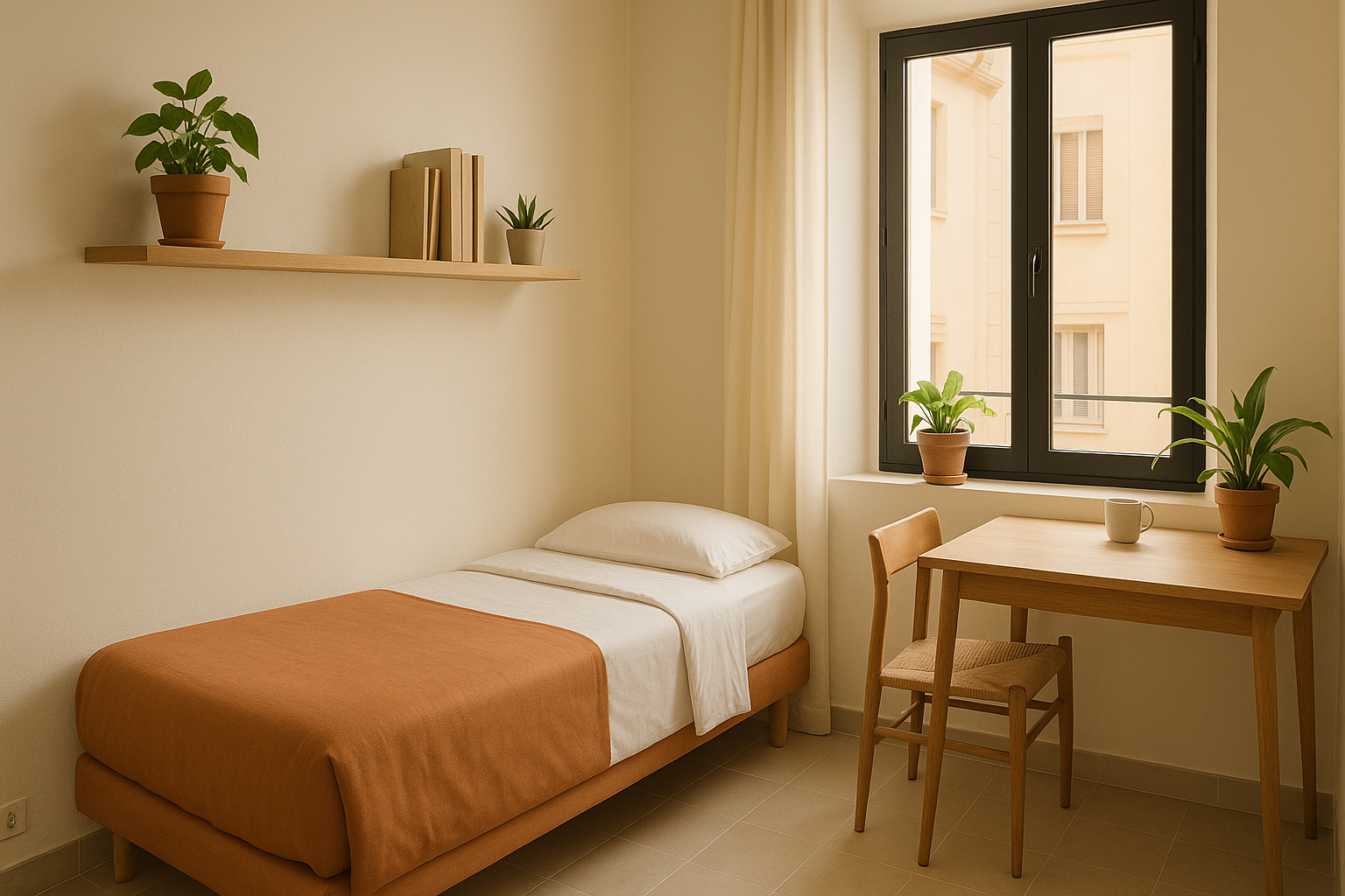 Estudios para alquilar en Valencia: estudio recién pintado con cama, escritorio y plantas