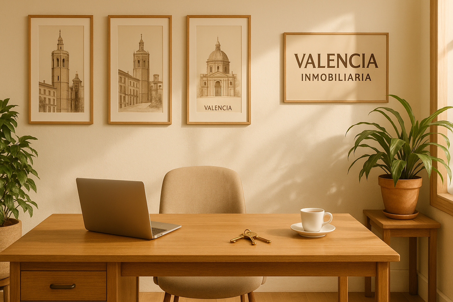 Inmobiliaria comprar Valencia: interior cálido de oficina boutique con planos enmarcados