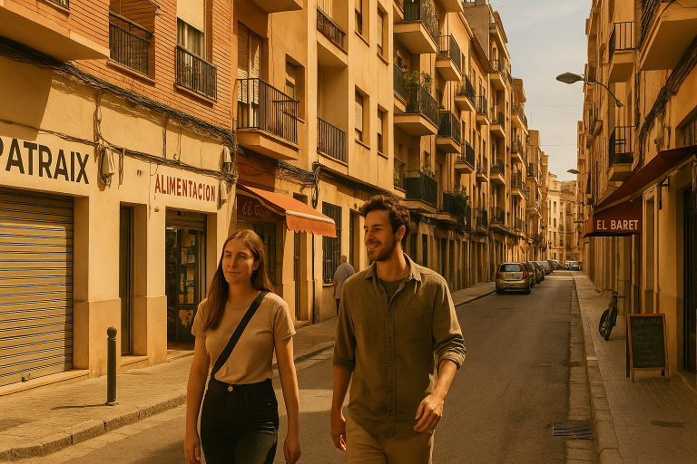 Inmobiliaria Patraix alquiler: calle del barrio con edificios rehabilitados y vida real