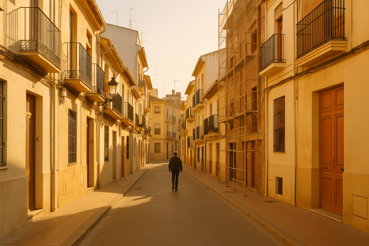 Pisos baratos Valencia: calle de barrio popular con edificios cream en renovación
