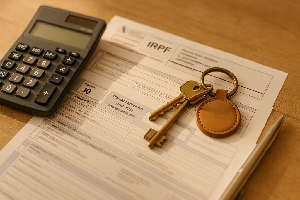 IRPF venta vivienda habitual: formularios fiscales, calculadora y llaves sobre escritorio