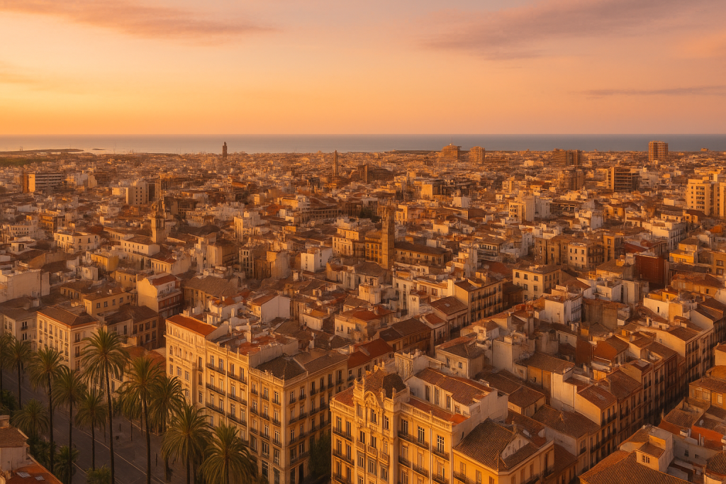 Mejor zona para vivir en Valencia: panorámica de la ciudad al atardecer con mar al fondo