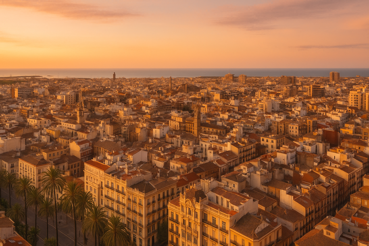 Mejor zona para vivir en Valencia: panorámica de la ciudad al atardecer con mar al fondo