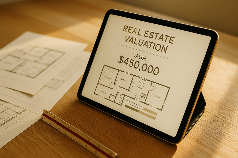 Tasación vivienda gratuita online Valencia: tablet con app de valoración y plano de piso