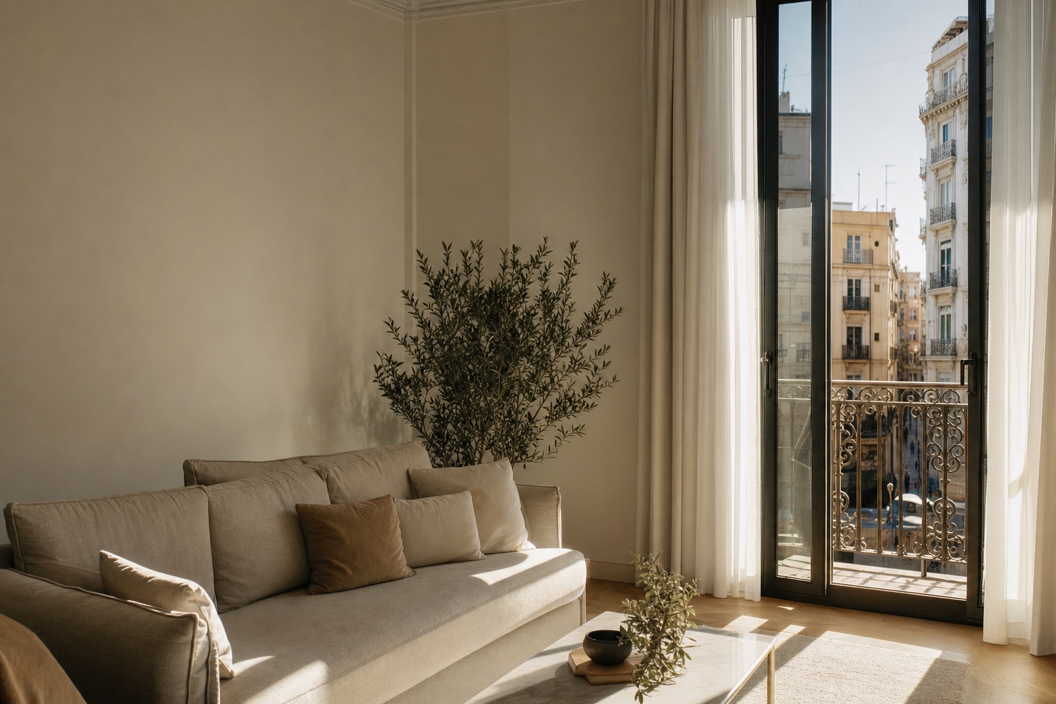 Salón luminoso de un piso reformado en venta en Valencia con balcón a una calle del Ensanche